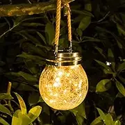 Garden Solar Lights, Cracked Glass Round Ball Light Outdoor Decor, Waterproof Decorative Warm White LED Globe Light for Landscape Walkway Backyard Patio Yard Lawn Pathway Garden Decoration (Hanging Light)