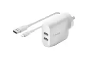 Belkin BOOST CHARGE Dual 24W USB-A Wall Charger with Lightning to USB-A Cable (WCD001AU1MWH)