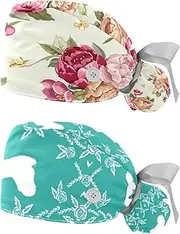 [WOSHJIUK] Working Hat 2 Pack Scrub Caps for Women,Floral Seamless Roses,Tie Back Cap Adjustable Scrub Hat