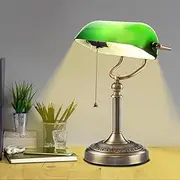 Glass Banker Desk Lamp with Blub, Classic Retro Table Lamps with Pull Chain Switch, Reading Light Suitable for Study Room, Bedside, Library, Workplace Bedroom (Green)