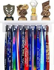 BooYeeXY Trophy Display 16.9" long Wooden Trophy Shelf Rack Medal & Trophy Holder 15 hooks Hanger with Shelf Medal Holder with Wooden Trophy Rack (WHT)