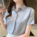 SHIRT 襯衫女 高級感藍色夏季襯衫女短袖職業白襯衣工作服別致工裝氣質正裝上衣