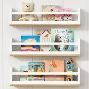 Harwaya Upgraded Kids Bookshelf Wall Mounted, 24 Inch Long Floating Nursery Book Shelves for Wall, White and Natural Wood Baby Toddler Child Hanging Bookshelves for Kids Room Bedroom (Set of 3)