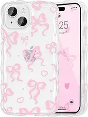 UEEBAI Cute Clear Case for iPhone 14 Plus/15 Plus, Wavy Ribbon Bow Case Pretty Aesthetic Case Cute Curly Clear Case Stylish Soft Phone Case Shockproof Pretty Clear Cover for Women Girl - Pink