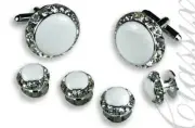 White Enamel Stone Center Austrian Crystal Border Gold Trim Studs and Cufflinks