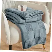 Check Knit Throw Blanket, Dusty Blue Checkered Throw for Couch, Decorative