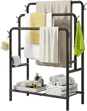 VERFARM Tall Freestanding Towel Racks with 6 Hooks, 3 Tier Towel Stand Blanket Rack with Storage Shelf, Indoor Outdoor Large Towel Holder Towel Racks for Bathroom Bedroom Organizer, Black