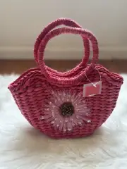 Mossimo NWT Y2K Pink Flower Sequin Beaded Woven Straw Mini Tote Handle Bag