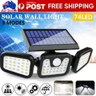 3 Head Solar Motion Sensor Light Outdoor Garden Wall Security Flood Lamp 74LEDs