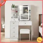 Dressing Table Stool Set with Mirror Led Makeup Vanity Desk Drawers Yamissi
