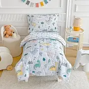Joyreap 4 Piece Toddler Bedding Set, Cute Dinosaur on Light Blue, Ultra Soft Microfiber Toddler Comforter for Kids Boys Girls, Includes Quilted Comforter, Fitted Sheet, Top Sheet, and Pillow Case