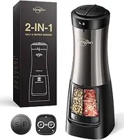 Sangcon 2 in 1 Electric Salt and Pepper Grinder Set Shaker - Automatic Salt and Pepper Grinder Mill Dual Combo, Battery Powered One-Handed Operation Refillable with Light Adjustable Ceramic Grinder