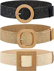 [Syhood] 3 Pieces Straw Woven Elastic Waist Belt for Women Bohemian Dress Braided Belt