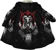 [YOROOW-OUTDOOR] Satan Goat Tattoo Hooded Coat for Men, 3D Inverted Five-Pointed Star Winter Imitation Lambswool Cloak Pagan Warm Jacket