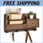 Rustic Handcrafted Key and Mail Holder Wall Mount with Hooks for Farmhouse Decor
