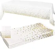 Disposable Party Tablecloth for Rectangle Table, Gold Stamping Dot Confetti Rectangular Plastic Table Cover, for Bridal Shower, Engagement, Wedding, 54" x 108", Pack of 4 (White and Gold+8PCS)