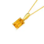9ct Gold Citrine Emerald Cut Pendant in Yellow
