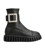 Viv' Go-Thick Rhinestone Buckle Stretch Ankle Boots in Soft Leather 37.5,38.5,37,38,35.5 Black