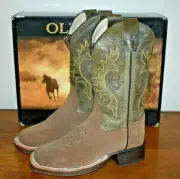 Old West Kids Suede Tan/Olive Square Toe Cowboy Boots BSC1906 Sizes 9.5-11, 13.5