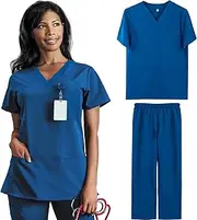 [BIOECEUA] Scrubs Uniforms Women Set, Slim Stretch Curved V Neck Top & Drawstring Jogger Pants for Hospital Operating Room