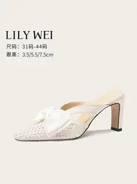 在飛比找樂天市場購物網優惠-LilyWei【人魚之淚】半拖透氣高跟鞋細網紗閃鉆蝴蝶結單鞋