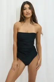Black Ruched Detail Bandeau One Piece Swimsuit - Size M, Women's Bikini
