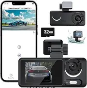 1080P Dash Camera with WiFi for Cars, 3 Channel Dash Cam Front and Rear Inside with 32GB TF Card, 2.0" IPS Screen, Loop Recording, WDR, 24H Parking Mode, Motion Detection
