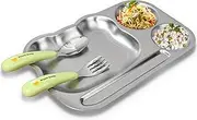 Party Pantry Stainless Steel Kids Plate – 10″ Divided Toddler Plate with Utensils | Non-Toxic, Unbreakable, Dishwasher-Safe Baby-Led-Weaning Dinner Tray for Boys & Girls