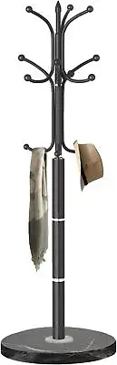 OIRUMIE Coat Rack with Natural Marble Base, 12 Hooks Black Stainless Steel