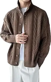 [Generic] Men's Casual Stand Collar Cardigan Slim Fit Button Down Cable Knitted Sweater Open Front Winter Sweaters Big and Tall