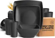 Teivio 16-Piece Plastic Wheat Straw Square Dinnerware Set for 4, Unbreakable
