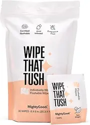 MightyGood. Wipe That Tush Travel Flushable Wipes - 1 Pack of 30 Individually Wrapped Total Hypoallergenic & Fragrance-Free with Aloe Tested Septic-Safe Individual Packs for White