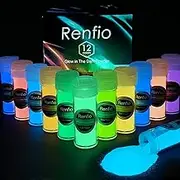 Renfio Glow in The Dark Powder, 12 Colors 180ml Epoxy Resin Dye Luminous Pigment Powder Safe Long Lasting for Fine Art, DIY Nail Art, Epoxy Resin Colorant, Acrylic Paint, DIY Crafts and Theme Party