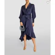 Zimmermann Asymmetric Ruffled Midi Silk Wrap Dress In Lapis Size 6 NWT