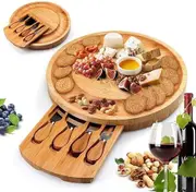 Round Bamboo Cheese Board Set with Slide-Out Drawer & 4 Stainless Steel Knives Charcuterie Serving Platter for Parties & Entertaining