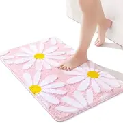 QJHOMO Pink Bath Mat White Flower Rug 40 x 60 cm, Non Slip Bath Mats for Bathroom, Soft Microfiber Bathroom Mat, Machine Washable Rug Durable Bathmat, Super Absorbent Floor Mat for Shower