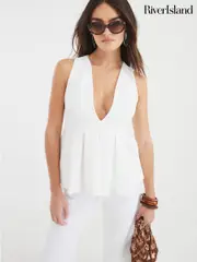 River Island White Textured Plunge Peplum Top (H24861) | $88