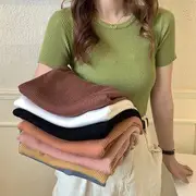 Plain Short-Sleeve Ribbed Top Coffee - One Size