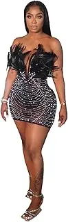 [RanRui] Sparkly Mini Dresses for Women Sexy Feather Hot Diamond Pearl Skinny Hip Wrap Dress Perfect Party Cocktail, Homecoming, Prom Dresses with Sequins & Glitter (black,1XL), Black, X-Large