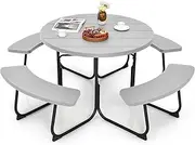 Costway 8-Person Round Picnic Table Bench Set, Outdoor Circular Picnic Table with 4 Benches & Umbrella Hole, 225 KG Capacity, All Weather Camping Table for Garden Yard Patio Lawn (Grey)