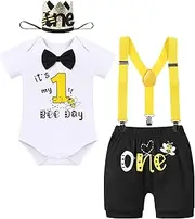 [IBTOM CASTLE] It's My 1st Bee Day Baby Boy One Birthday Clothes Bow Tie Romper Cake Smash Pants Suspenders Photo Shoot Outfits