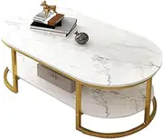 Marble Coffee Table, Faux Marble Top Oval Side End Tables with Gold Metal Frame, 2 Tier Living Room Table for Living Room, Office, Balcony, White,120x60cm