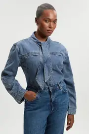 Plus Size Denim Pussy Bow Blouse