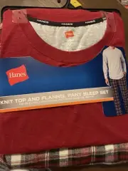 Hanes Men's Red Plaid Knit Top And Flannel Pant PJ Set Size L - New.