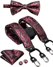 [keusyoi] Luxury Silk Mens Suspenders Set 6 Clips Braces for Men Pink Purple Paisley Flower Suspender Bow Tie Hanky Cufflinks