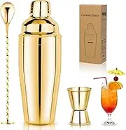 25oz Cocktail Shaker Set Martini Shaker Set Bartender Set with Margarita Mixer Drink Shaker, Measuring Jigger and Mixing Spoon - Professional 18/8 Stainless Steel Bar Tools for Mixed Drinks (Gold)