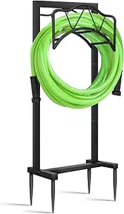 Garden Hose Holder Freestanding Outdoor - Heavy Duty Water Hose Holders for Outside, Metal Hose Stand with 4 Spikers, Hose Hanger Free Standing, Hose Storage for Outside, Holds 150-feet Hose, Black