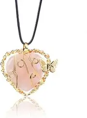 [Xiao Hua] Necklace pendant suitable for men and women, handcrafted, with a butterfly life tree pendant wrapped in silk. Natural crystal stone heart-shaped necklace (pink), 3.7*4.2cm/1.5*1.7in, Alloy+