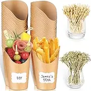 SEANSDA [50 Charcuterie Cups + 200 Cocktail Picks + 50 Labels Disposable Kraft Charcuterie Cups with Sticks, 12 oz French Fry Holder, Brown Paper Snack Appetizer Cups Charcuterie Boards Accessories