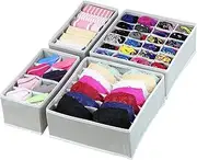 AIMALL 4 PCS/Set Foldable Storage Drawer Organizer Bra Underwear Closet Divider Kit, Non-Woven Fabric, with Hard Cardboard Inserts, Grey and Beige